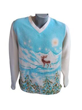 Vintage Fleece Sweater Medium Catalina Mountain Scene V-Neck Deer Trees